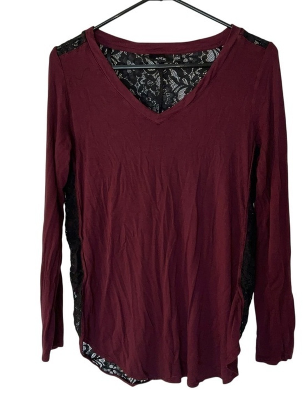 Apt. 9 Burgundy V-Neck Long Sleeve Top with Black Lace Insets